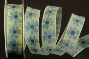 Marika blau grün Blumenmotiv mit Drahtkante 25 mm 20 m