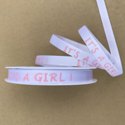 Girl Ripsband weiss Printmotiv It´s a Girl rosa 10 mm 20 m