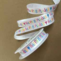 Happy Birthday Schriftzug bunt Satinband weiss 15 mm 20 m