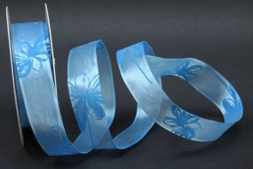 Eleonora blau Blumenmotiv mit Drahtkante 25 mm 20 m
